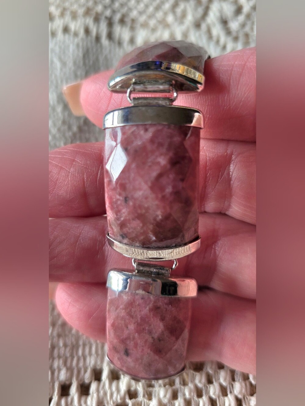 Vintage Sterling Silver Faceted Pink Rhodonite Statement Link Bracelet